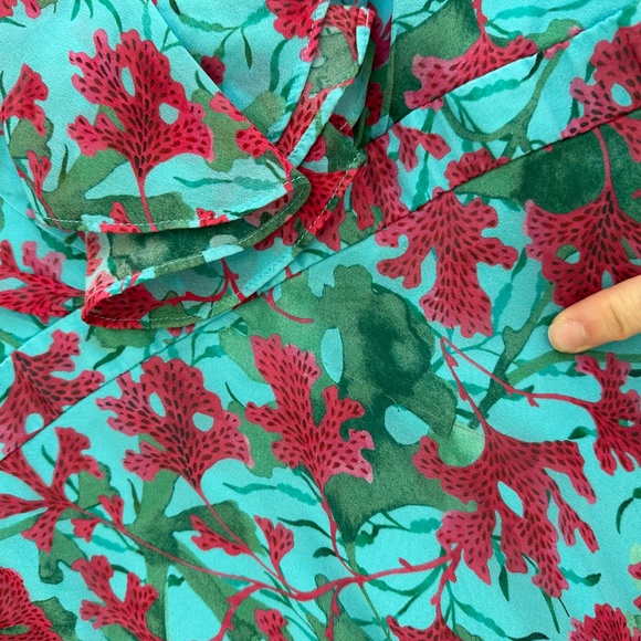 SALONI Rita Silk Maxi Dress Teal Blue Aquarium Floral Ruffle Sleeveless - US 2 - Picture 8 of 12